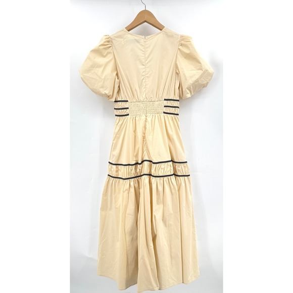 EB LUXE LA Beige Puff Sleeve Tiered Midi French‎ Girl Holiday Party Dress Size S - Picture 4 of 10